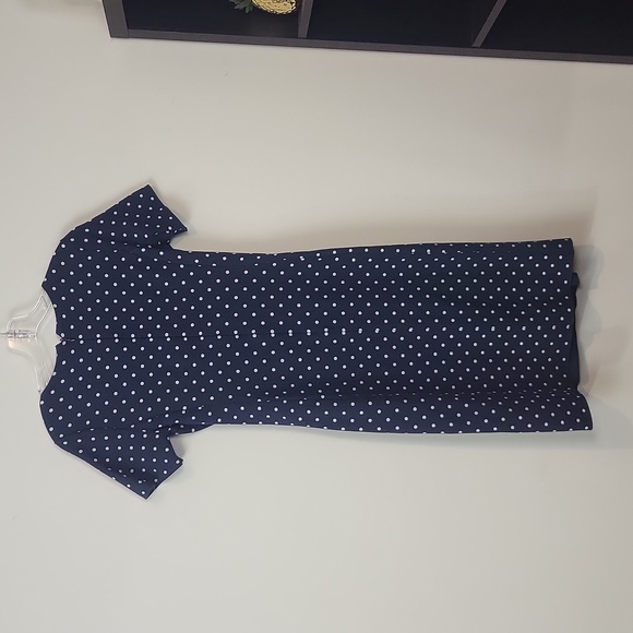 LANDS' END Navy Blue White Polka-dot Top Faux Wrap Side Ruched Knit Dress - Picture 6 of 12